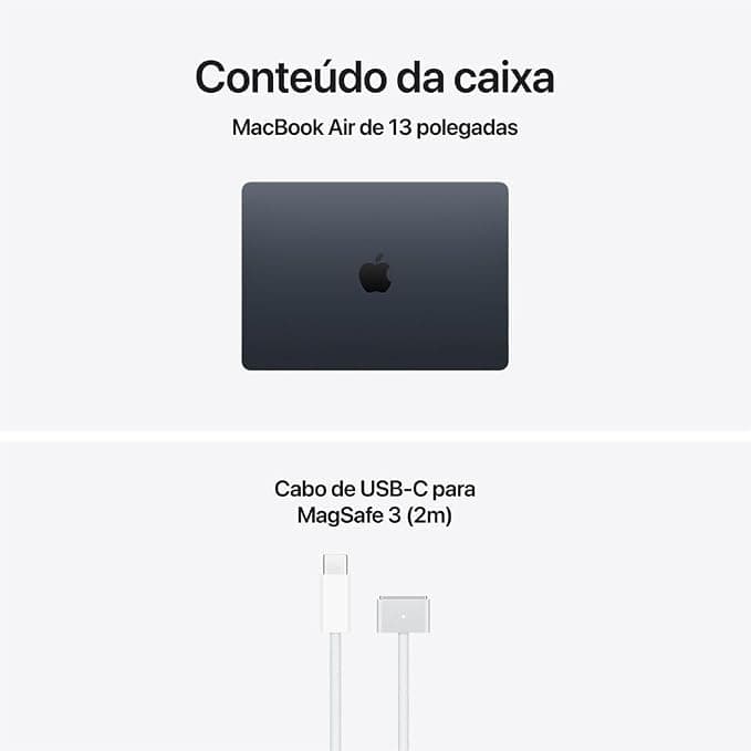 MacBook Air de 13 polegadas: Chip M5, CPU de 10 núcleos, GPU de 8 núcleos, Neural Engine de 16 núcleos, 512GB - Meia‑noite em detalhes